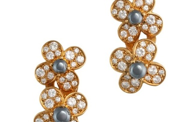 VAN CLEEF & ARPELS, A PAIR OF HEMATITE AND DIAMOND TREFLE CLIP EARRINGS in 18ct yellow gold, each