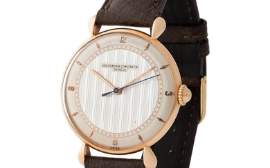 Vacheron Constantin. Very Attractive and Large Round Shaped Wirstwatch in Pink Gold, Reference 4126 With Teardrop Lugs and Two Tone Guillochè Dial