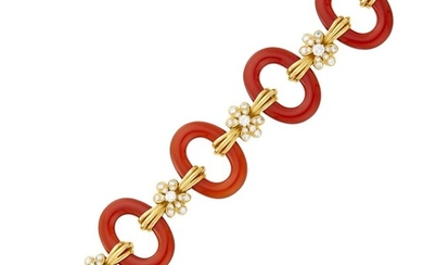 Van Cleef & Arpels Gold, Carnelian and Diamond Link Bracelet