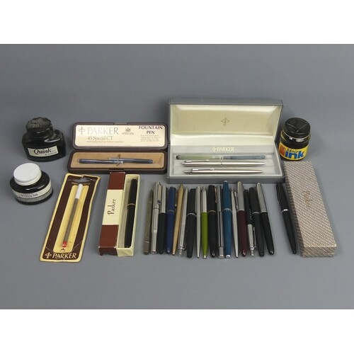 Various vintage pens and ink pots, including a maroon Parker...