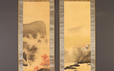 Very fine landscape diptych, signed - including inscribed tomobako - Hashimoto Gaho (1835-1908) - Japan - Meiji period (1868-1912)