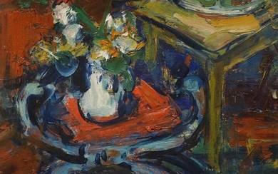 Vic Van Berckelaer (1913-1975), Interieur met bloemen in een kan, gesigneerd...