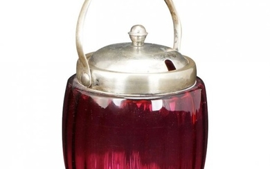Victorian Cranberry Glass Ribbed Biscuit Jar c 1900