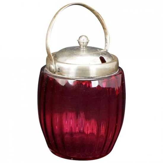 Victorian Cranberry Glass Ribbed Biscuit Jar c 1900