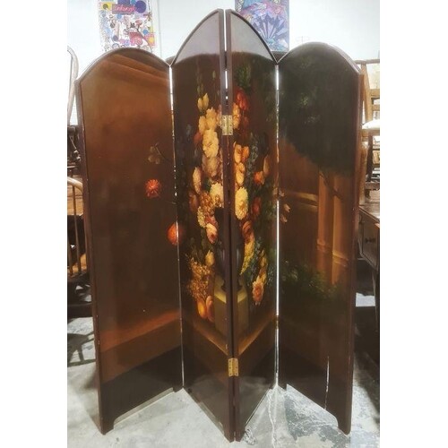 Victorian four-fold draught screen painted with still life f...