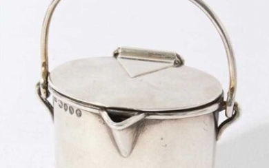 Victorian silver cream pail of oval form with swing handle, hinged cover with gilded interior (London 1888), maker Joseph Braham, London 1889, 4.5oz, 7cm in overall height