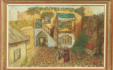 Village Scene With Figures, Judaica, Oil