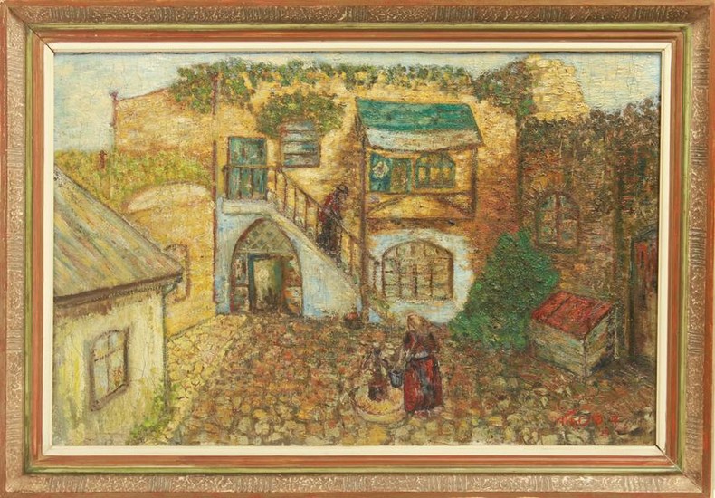 Village Scene With Figures, Judaica, Oil