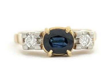 Vintage 1960's 3-Stone Oval Blue Sapphire Diamond Ring 18K Yellow Gold, 3.14 Gr