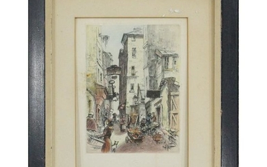 Vintage Color Lithograph European Town Life, with Seal