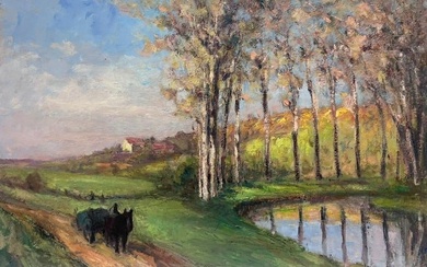 Vintage French Oil Painting Black Horses Walking Around A Dappled Light River