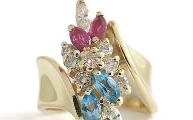 Vintage Marquise Ruby Blue Topaz Diamond Statement Ring 14K Yellow Gold, 7.28 Gr