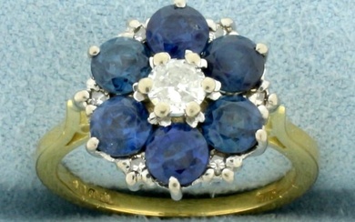 Vintage Sapphire and Diamond Flower Design Ring in 18k Yellow Gold