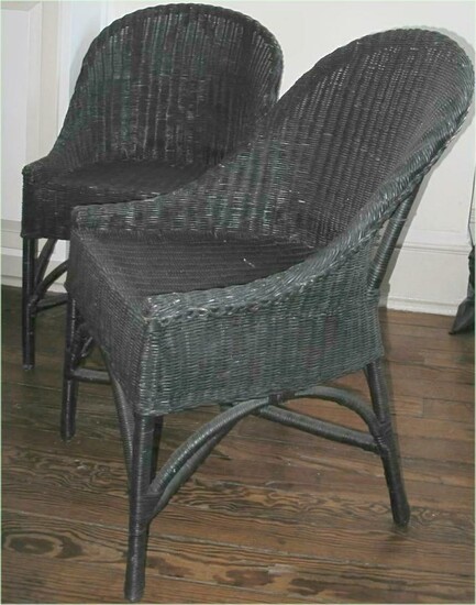 Vintage pair of wicker side chairs. Original black paint. Mid 20th C. FR3SH