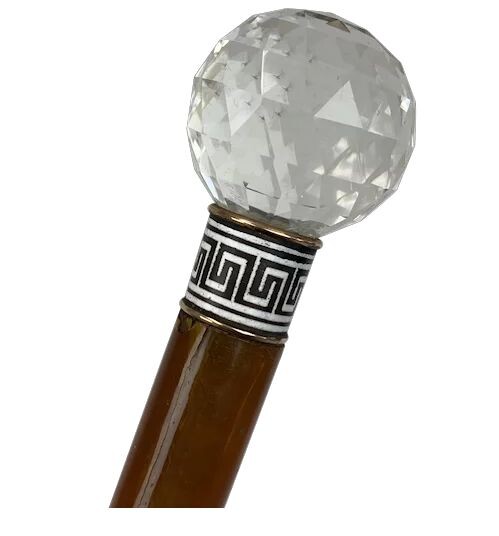 Walking stick with facet cut crystal button with silver enamel meander edge - Crystal, Enamel, Silver, Wood - Circa 1900