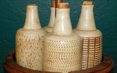 Walnut Decanter Stand W/ 4 Pottery Bottles Signed