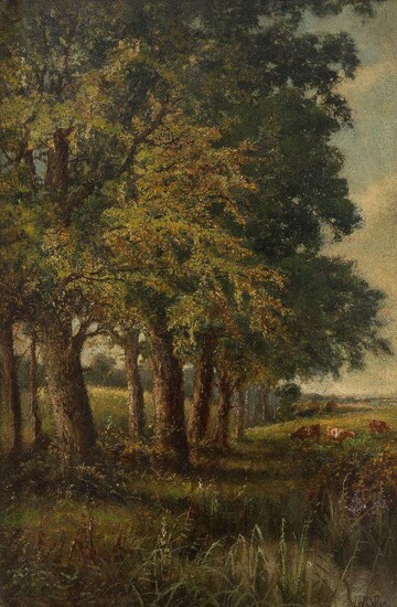 Walter Wallor Caffyn, British 1845-1898- Cattle grazing by an avenue of trees; oil on canvas, signed 'W. W. Caffyn.' (lower right), 61 x 40.5 cm. Provenance: Private Collection, UK.