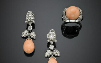 White gold, diamond and pink coral jewellery set