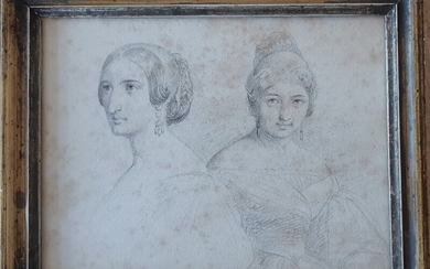 Wilhelm Marstrand: Portrait of two women. Pen on paper. Unsigned. Visible size 12×16 cm. Frame size 15.5×19.5 cm.