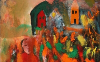 Wiliam Skotte Olsen: Composition with houses and figures. Signed WSO. Oil on canvas. 82 × 100 cm.