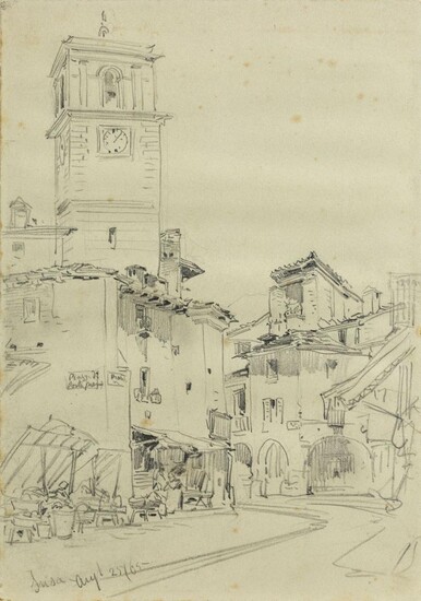 William Callow, RWS, British 1812-1908- Jusa, Verona; and Carhaix, Brittany; each pencil on paper laid down on card, the first inscribed and dated 'Susa Augt 25/65', the second inscribed 'Carhaix', the first 26 x 18.2 cm., the second 29.5 x 20.2...