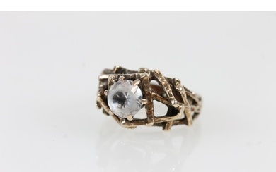 Yellow metal 1970s Brutalist style dress ring set with white...
