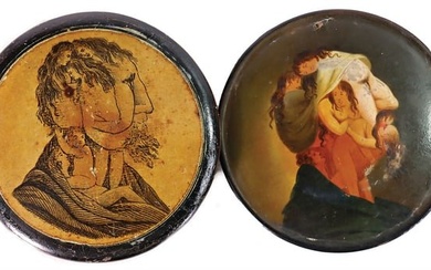 a painted snuffbox with a diameter of: 8.5 cm, height: 2 cm, made of papier mâché from