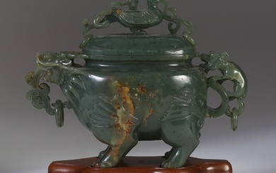 iGavel Auctions: Chinese Dark Green Jade Mythical Beast Form Vessel and Cover, 20th Century ASW1