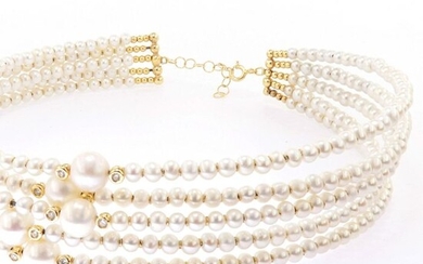 n - 18 kt. Freshwater pearl, Yellow gold - Necklace - 0.24 ct Diamonds - Pearls