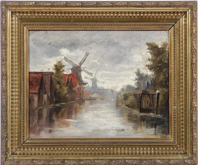 signed Vermeulen, Houses and mills on water, panel