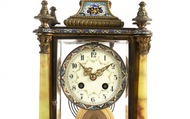 A Bronze Onyx Glass and Enamel Champleve Mantel Clock, Late...