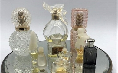 10 Perfume Bottles on a Round Bevel Mirror Plateau