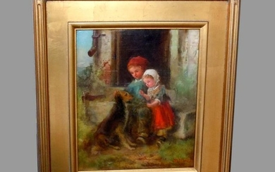 1873 JAMES CRAWFORD THOM CHILDREN DOG OIL PAINTING 19c
