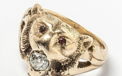 Low-karat Gold, Diamond, and Ruby Lion Ring, size 6 1/2, 5.9 dwt.