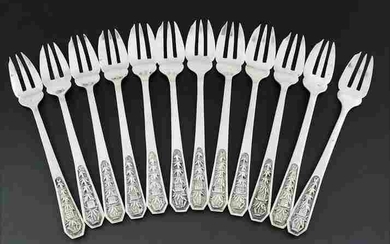 12-piece set of Chinese sterling silver table forks in