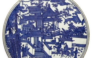 A RARE LARGE BLUE AND WHITE CIRCULAR PLAQUE MING DYNASTY, WANLI PERIOD | 明萬曆 青花携琴訪友圖圓屏