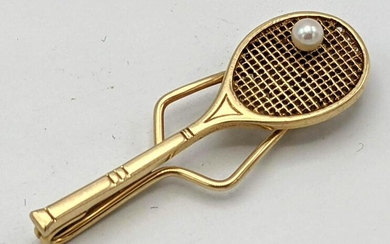 14K Gold Tennis Racket Tie Bar Clip. Set with pearl. 4.