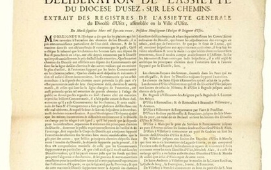 1730. (GARD). "Deliberation of the Plate of the DIOCESE OF UZÈS, on the PATHWAYS. Extract from the registers of the General Assiette of the Diocese of UZÈS, assembled in the Town of UZÈS. of March 7, 1730. Vignette with the Coat of Arms. (List of the...