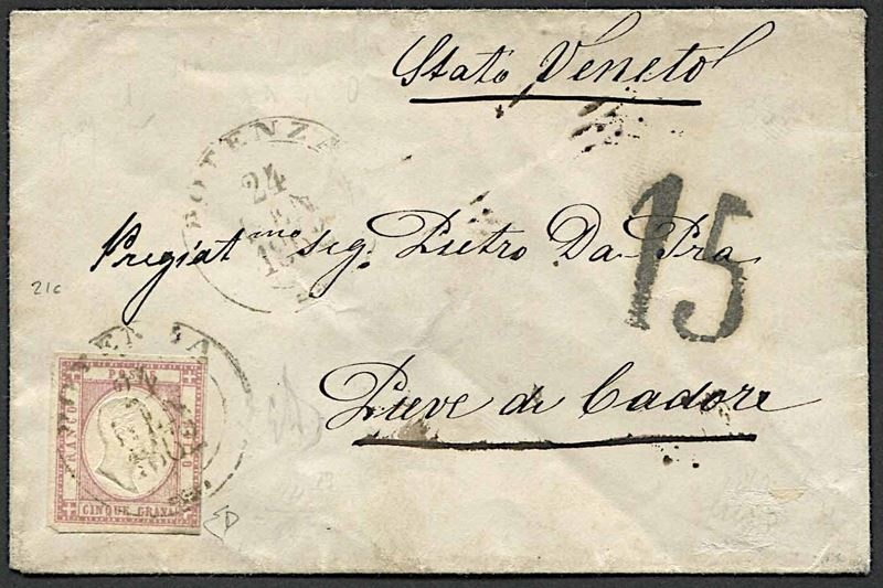 1862, Province Napoletane, lettera da Potenza per Pieve di Cadore del 24 gennaio 1862