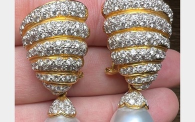 18K Yellow Gold South Sea Pearl & Diamond Day Night Earrings