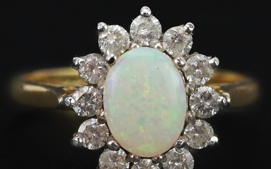 18ct gold cabochon opal and diamond flower head ring, each d...