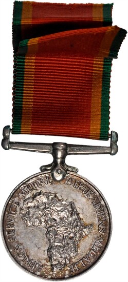 (1945) Africa Service medal. Silver, 36 mm. MY-189, BBM-144. Edge mount with straight bar suspension and ribbon. About Uncirculated.