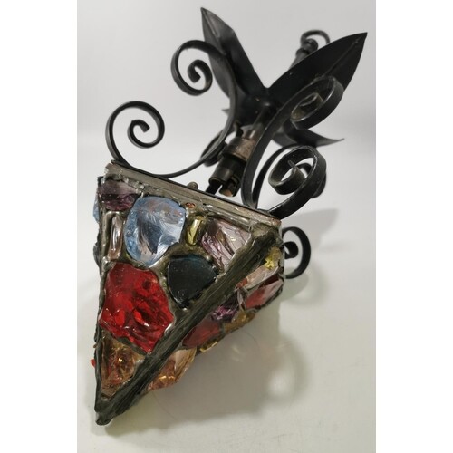 1950'S GOTHIC STYLE WROUGHT IRON LANTERN WITH ROCK CRYSTAL G...