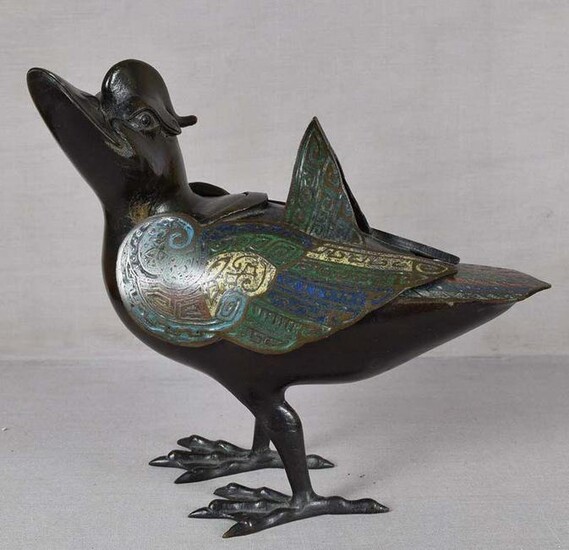 19c Chinese bronze champleve DUCK INCENSE BURNER