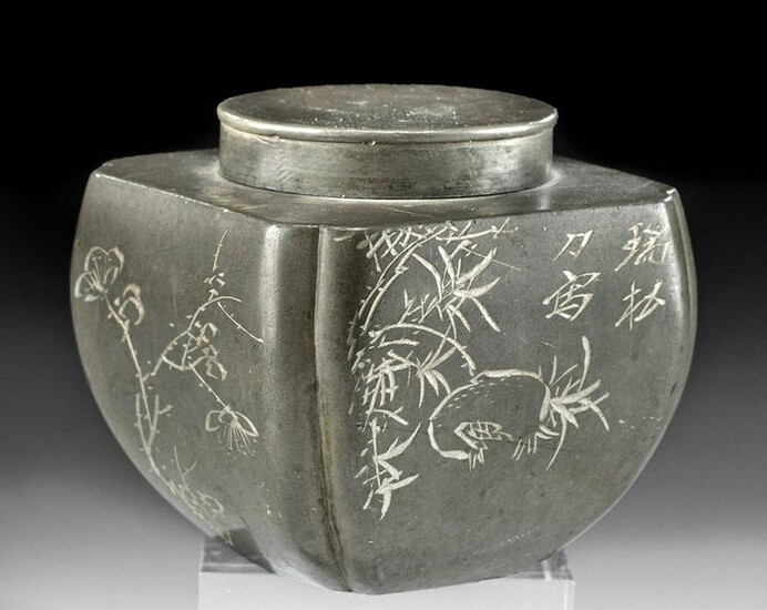 19th C. Chinese Qing Incised Pewter Tea Caddy
