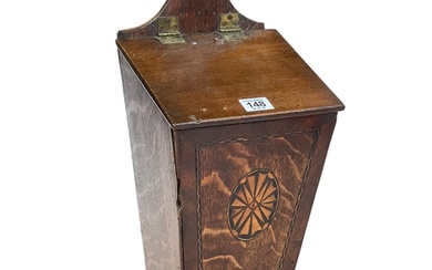 19th Century oak and mahogany inlaid candle box, 45cm high.