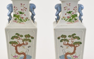 19th century Chinese famille rose porcelain square form vases with blue elephant handles. Landscape