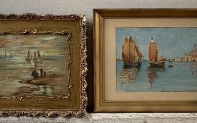 Europe Watercolors "Ships in Harbour" Paintings Signed