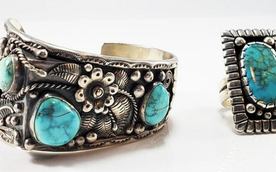 (2) PCS SILVER TURQUOISE CUFF & RING