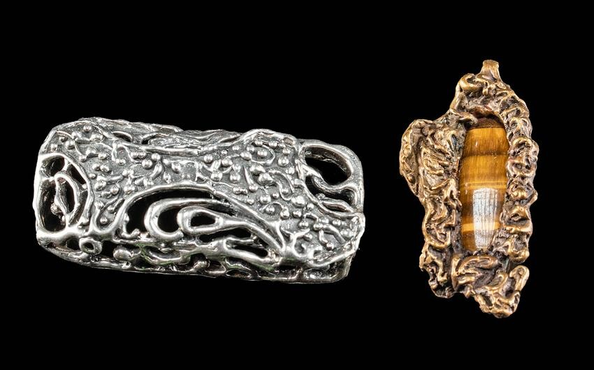 2 Vintage Pendants - Silver & Sali Brass w/ Tiger's Eye